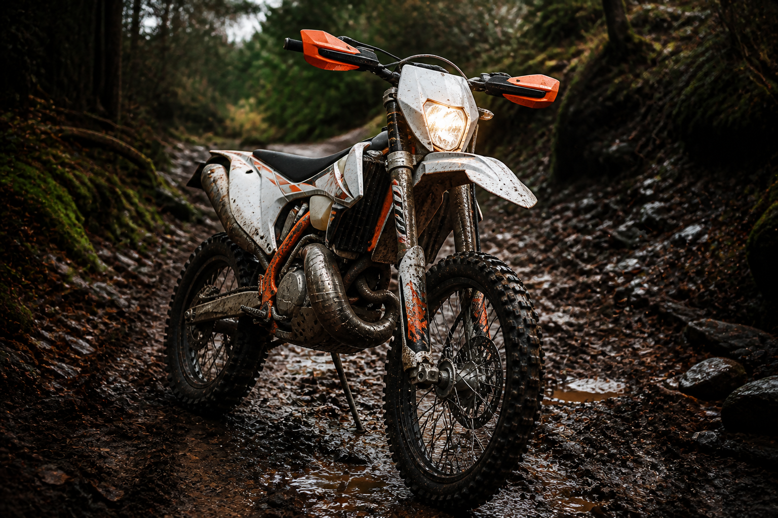 Enduro bike on a muddy woodland trail