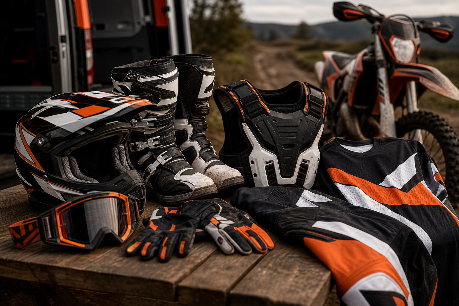 Off-road helmet, boots and clothing