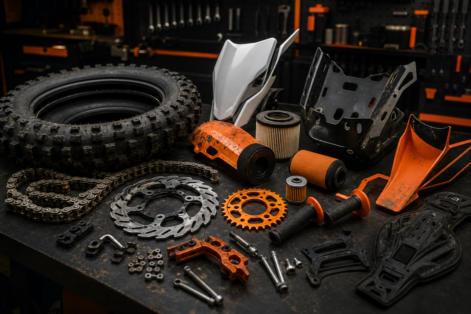 Off-road vehicle parts on a workshop bench