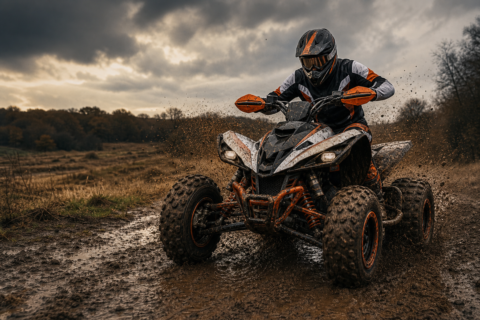 Sport quad on a muddy off-road trail