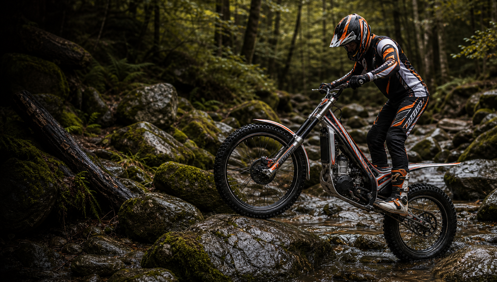 Trials bike on rocks and logs in woodland