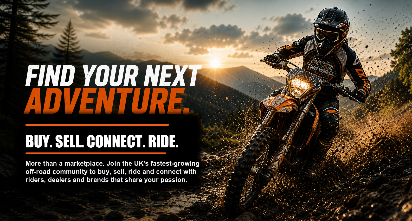Enduro rider on a muddy off-road trail with Find Your Next Adventure headline